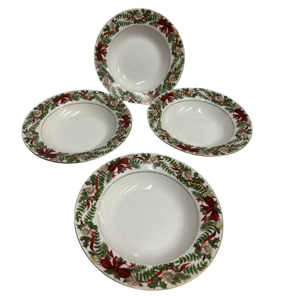 SET OF 4 AMERICAN ATELIER SANTA‎ 5052 PORCELAIN BOWLS CHRISTMAS HOLLY